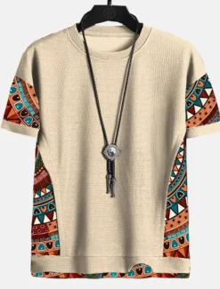 OUKU Men's T Shirt Tee Top Short Sleeves Crew Neck Summer Color Block Tribal Fashion Designer Ethnic Vacation Going out Casual Daily Black White Red Top Tee for Men