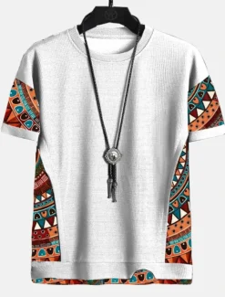 OUKU Men's T Shirt Tee Top Short Sleeves Crew Neck Summer Color Block Tribal Fashion Designer Ethnic Vacation Going out Casual Daily Black White Red Top Tee for Men