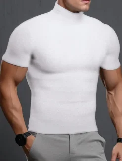 Online OUKU Men's T Shirt Tee Top Short Sleeves Turtleneck Summer Plain Pit Strip Fashion Designer Basic Vacation Street Going out Black White Khaki Top Tee for Men