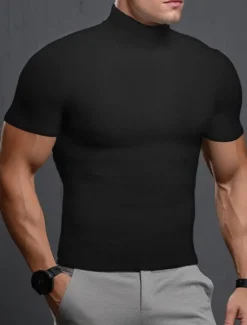 Online OUKU Men's T Shirt Tee Top Short Sleeves Turtleneck Summer Plain Pit Strip Fashion Designer Basic Vacation Street Going out Black White Khaki Top Tee for Men