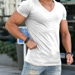 Sale OUKU Men's T Shirt Tee Top Short Sleeves V Neck Summer Plain Fashion Designer Basic Classic Style Vacation Street Going out Dark Grey Black White Top Tee for Men