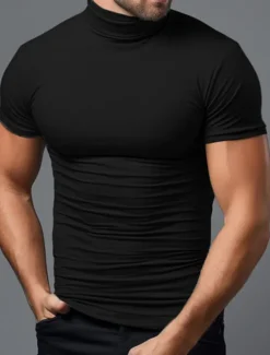 Best OUKU Men's T Shirt Tee Top Short Sleeves Turtleneck Summer Plain Fashion Designer Basic Vacation Street Going out Black White Green Top Tee for Men