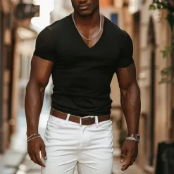 New OUKU Men's T Shirt Tee Top Short Sleeves V Neck Summer Plain Designer Basic Modern Contemporary Vacation Street Going out Navy Black White Top Tee for Men