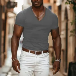 New OUKU Men's T Shirt Tee Top Short Sleeves V Neck Summer Plain Designer Basic Modern Contemporary Vacation Street Going out Navy Black White Top Tee for Men