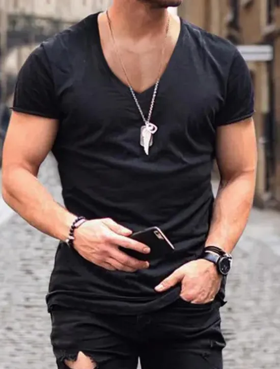 New OUKU Men's T Shirt Tee Top Short Sleeves V Neck Summer Plain Designer Basic Modern Contemporary Classic Style Vacation Street Going out Black White Pink Top Tee for Men