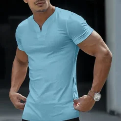 Hot OUKU Men's T Shirt Tee Top Short Sleeve V Neck Summer Plain Sports Fashion Lightweight V Neck Vacation Casual Holiday Light Blue Black White Top Tee for Men