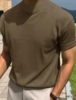 Clearance OUKU Men's T Shirt Tee Top Short Sleeves Turtleneck Summer Plain Fashion Designer Basic Knitting Vacation Street Going out Black White Brown Top Tee for Men