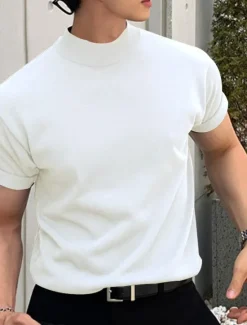 Clearance OUKU Men's T Shirt Tee Top Short Sleeves Turtleneck Summer Plain Fashion Designer Basic Knitting Vacation Street Going out Black White Brown Top Tee for Men