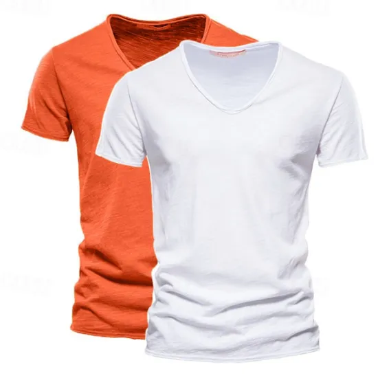Online OUKU Men's T Shirt Tee Top Short Sleeves V Neck Summer Plain Fashion Designer Basic V Neck Vacation Street Going out White+Black White and Blue Orange / Green Top Tee for Men
