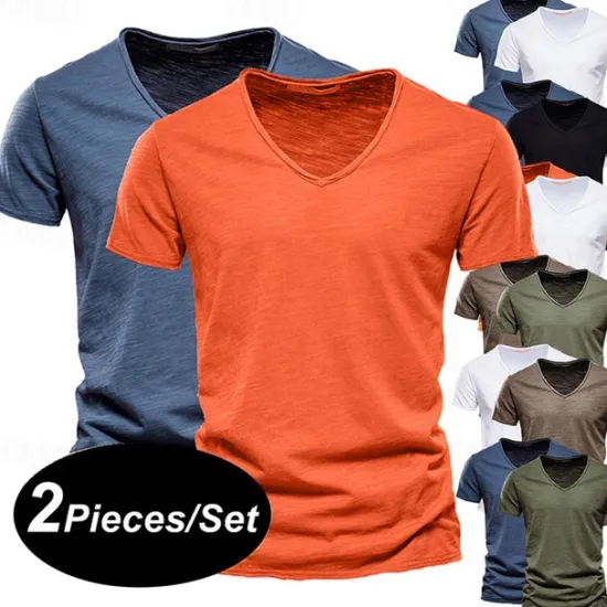 Online OUKU Men's T Shirt Tee Top Short Sleeves V Neck Summer Plain Fashion Designer Basic V Neck Vacation Street Going out White+Black White and Blue Orange / Green Top Tee for Men