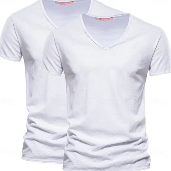 Online OUKU Men's T Shirt Tee Top Short Sleeves V Neck Summer Plain Fashion Designer Basic V Neck Vacation Street Going out White+Black White and Blue Orange / Green Top Tee for Men