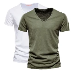 Online OUKU Men's T Shirt Tee Top Short Sleeves V Neck Summer Plain Fashion Designer Basic V Neck Vacation Street Going out White+Black White and Blue Orange / Green Top Tee for Men