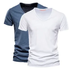 Online OUKU Men's T Shirt Tee Top Short Sleeves V Neck Summer Plain Fashion Designer Basic V Neck Vacation Street Going out White+Black White and Blue Orange / Green Top Tee for Men
