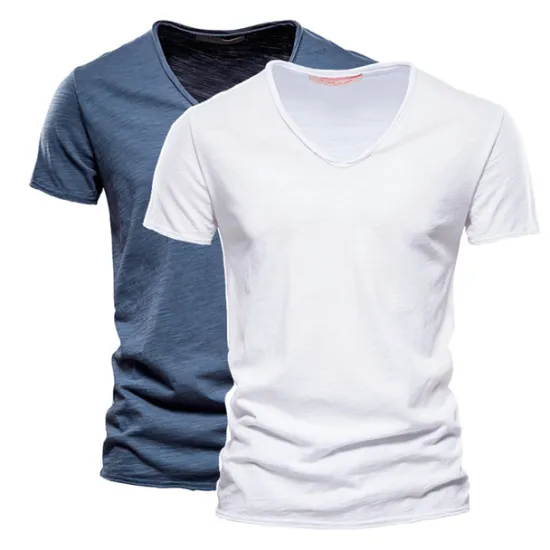 Online OUKU Men's T Shirt Tee Top Short Sleeves V Neck Summer Plain Fashion Designer Basic V Neck Vacation Street Going out White+Black White and Blue Orange / Green Top Tee for Men