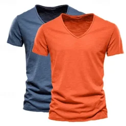 Online OUKU Men's T Shirt Tee Top Short Sleeves V Neck Summer Plain Fashion Designer Basic V Neck Vacation Street Going out White+Black White and Blue Orange / Green Top Tee for Men