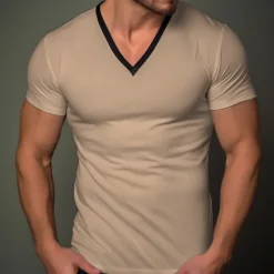 Sale OUKU Men's T Shirt Tee Top Short Sleeves V Neck Summer Plain Fashion Designer Basic Vacation Street Going out Black White Khaki Top Tee for Men