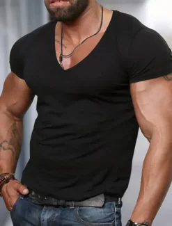 OUKU Men's T Shirt Tee Top Short Sleeves V Neck Summer Plain Designer Basic Modern Contemporary Vacation Street Going out Black White Red Top Tee for Men