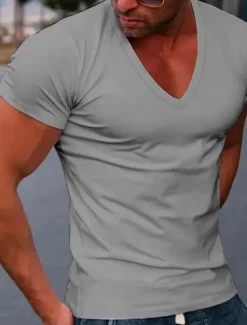 OUKU Men's T Shirt Tee Top Short Sleeves V Neck Summer Plain Designer Basic Modern Contemporary Vacation Street Going out Black White Red Top Tee for Men