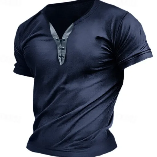 Hot OUKU Men's T Shirt Tee Top Short Sleeve V Neck Spring & Summer Plain Fashion Designer Basic Lace up Vacation Street Going out Army Green Dark Grey Black Top Tee for Men