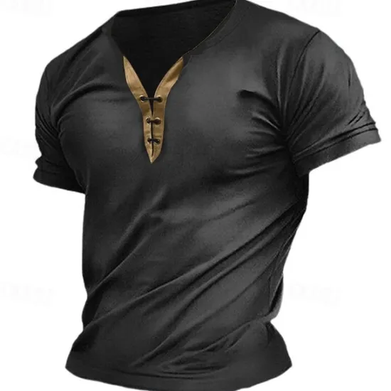 Hot OUKU Men's T Shirt Tee Top Short Sleeve V Neck Spring & Summer Plain Fashion Designer Basic Lace up Vacation Street Going out Army Green Dark Grey Black Top Tee for Men