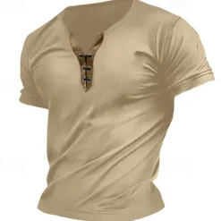 Hot OUKU Men's T Shirt Tee Top Short Sleeve V Neck Spring & Summer Plain Fashion Designer Basic Lace up Vacation Street Going out Army Green Dark Grey Black Top Tee for Men