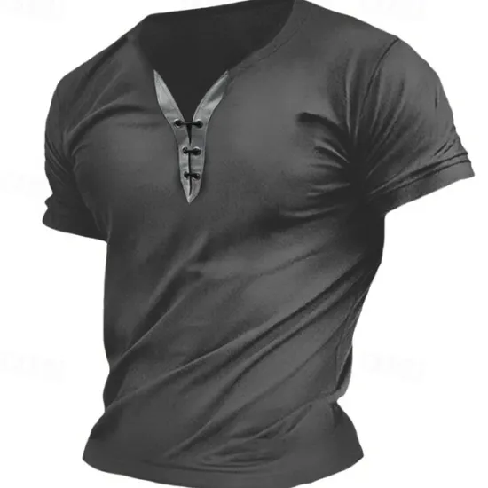 Hot OUKU Men's T Shirt Tee Top Short Sleeve V Neck Spring & Summer Plain Fashion Designer Basic Lace up Vacation Street Going out Army Green Dark Grey Black Top Tee for Men