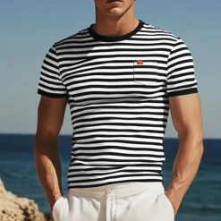 Online OUKU Men's T Shirt Tee Top Short Sleeves Crew Neck Summer Striped Fashion Designer Basic Front Pocket Vacation Street Going out Black Red Light Gray Top Tee for Men