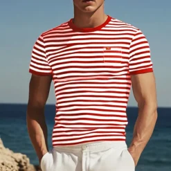 Online OUKU Men's T Shirt Tee Top Short Sleeves Crew Neck Summer Striped Fashion Designer Basic Front Pocket Vacation Street Going out Black Red Light Gray Top Tee for Men