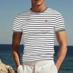Online OUKU Men's T Shirt Tee Top Short Sleeves Crew Neck Summer Striped Fashion Designer Basic Front Pocket Vacation Street Going out Black Red Light Gray Top Tee for Men
