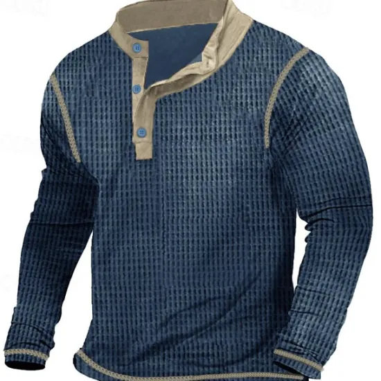 New OUKU Men's T shirt Tee Waffle Henley Shirt Henley Shirt Tee Top Long Sleeve Shirt Patchwork Henley Street Vacation Long Sleeve Patchwork Clothing Apparel Fashion Designer Basic