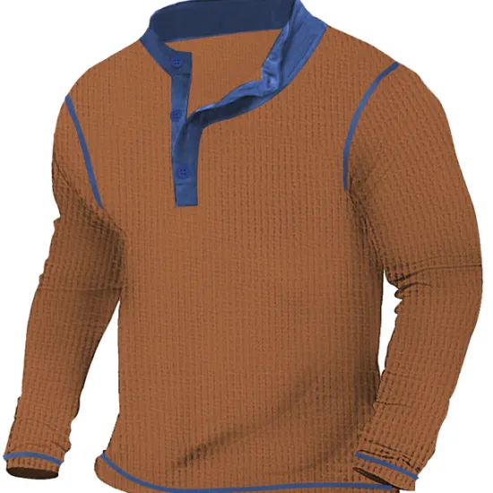 New OUKU Men's T shirt Tee Waffle Henley Shirt Henley Shirt Tee Top Long Sleeve Shirt Patchwork Henley Street Vacation Long Sleeve Patchwork Clothing Apparel Fashion Designer Basic