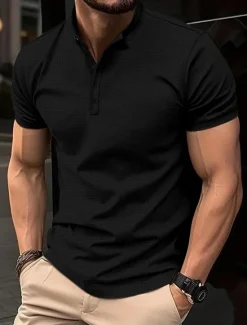 OUKU Men's T shirt Tee Waffle Polo Shirt Work Street Stand Collar Short Sleeves Solid Color Basic Summer Loose Fit Black Red Dark Navy khaki Army Green T shirt Tee