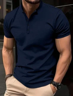 OUKU Men's T shirt Tee Waffle Polo Shirt Work Street Stand Collar Short Sleeves Solid Color Basic Summer Loose Fit Black Red Dark Navy khaki Army Green T shirt Tee