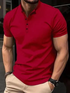 OUKU Men's T shirt Tee Waffle Polo Shirt Work Street Stand Collar Short Sleeves Solid Color Basic Summer Loose Fit Black Red Dark Navy khaki Army Green T shirt Tee