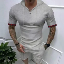 OUKU Men's T Shirt T-shirt Suits Tee Tee Top Short Sleeve Hooded Spring & Summer Plain Fashion Designer Basic 2 Piece Vacation Street Going out Black White Royal Blue Top Tee for Men