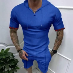 OUKU Men's T Shirt T-shirt Suits Tee Tee Top Short Sleeve Hooded Spring & Summer Plain Fashion Designer Basic 2 Piece Vacation Street Going out Black White Royal Blue Top Tee for Men