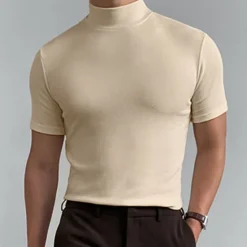 OUKU Men's T Shirt Turtleneck shirt Short Sleeve Stand Collar Summer Spring Plain Fashion Casual Comfortable Vacation Street Holiday Black White Red Top Tee for Men