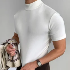 OUKU Men's T Shirt Turtleneck shirt Short Sleeve Stand Collar Summer Spring Plain Fashion Casual Comfortable Vacation Street Holiday Black White Red Top Tee for Men