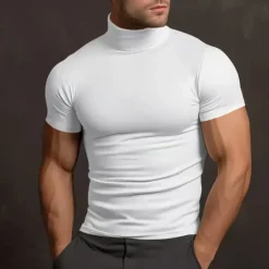 Hot OUKU Men's T Shirt Turtleneck shirt Short Sleeve Turtleneck Summer Spring Plain Fashion Casual Comfortable Crewneck Vacation Street Holiday Dark Brown Dark Grey Black Top Tee for Men