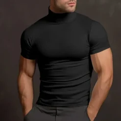Hot OUKU Men's T Shirt Turtleneck shirt Short Sleeve Turtleneck Summer Spring Plain Fashion Casual Comfortable Crewneck Vacation Street Holiday Dark Brown Dark Grey Black Top Tee for Men