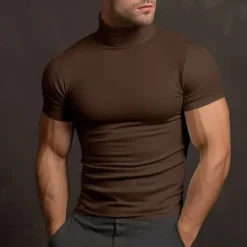 Hot OUKU Men's T Shirt Turtleneck shirt Short Sleeve Turtleneck Summer Spring Plain Fashion Casual Comfortable Crewneck Vacation Street Holiday Dark Brown Dark Grey Black Top Tee for Men