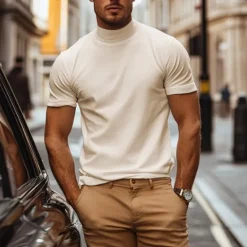 Online OUKU Men's T Shirt Turtleneck shirt Short Sleeve Stand Collar Summer Spring Plain Fashion Casual Comfortable Classic Style Vacation Street Holiday Black Gray Green Top Tee for Men
