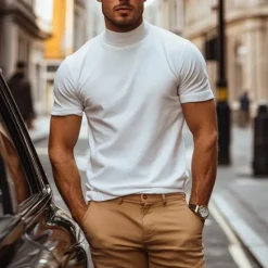 Online OUKU Men's T Shirt Turtleneck shirt Short Sleeve Stand Collar Summer Spring Plain Fashion Casual Comfortable Classic Style Vacation Street Holiday Black Gray Green Top Tee for Men