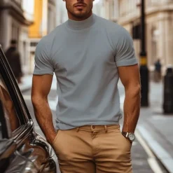 Online OUKU Men's T Shirt Turtleneck shirt Short Sleeve Stand Collar Summer Spring Plain Fashion Casual Comfortable Classic Style Vacation Street Holiday Black Gray Green Top Tee for Men