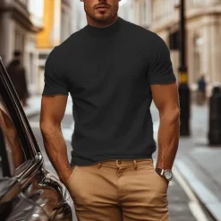 Online OUKU Men's T Shirt Turtleneck shirt Short Sleeve Stand Collar Summer Spring Plain Fashion Casual Comfortable Classic Style Vacation Street Holiday Black Gray Green Top Tee for Men