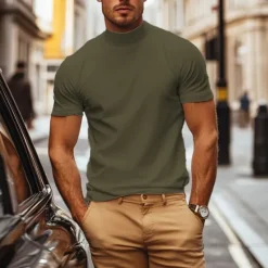 Online OUKU Men's T Shirt Turtleneck shirt Short Sleeve Stand Collar Summer Spring Plain Fashion Casual Comfortable Classic Style Vacation Street Holiday Black Gray Green Top Tee for Men