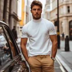 Online OUKU Men's T Shirt Turtleneck shirt Short Sleeve Stand Collar Summer Spring Plain Fashion Casual Comfortable Classic Style Vacation Street Holiday Black Gray Green Top Tee for Men