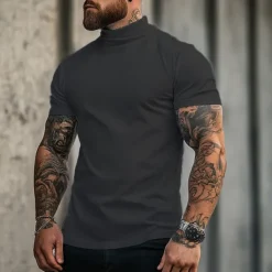 Outlet OUKU Men's T Shirt Turtleneck shirt Short Sleeve Stand Collar Summer Spring Plain Fashion Casual Comfortable Classic Style Vacation Street Holiday Black White Gray Top Tee for Men