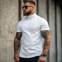 Outlet OUKU Men's T Shirt Turtleneck shirt Short Sleeve Stand Collar Summer Spring Plain Fashion Casual Comfortable Classic Style Vacation Street Holiday Black White Gray Top Tee for Men