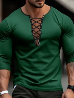 Online OUKU Men's T Shirt Velvet Tee Tee Top Long Sleeve Shirt Long Sleeve Collar Spring & Fall Plain Fashion Designer Basic Lace up Vacation Street Going out Black Blue Purple Top Tee for Men